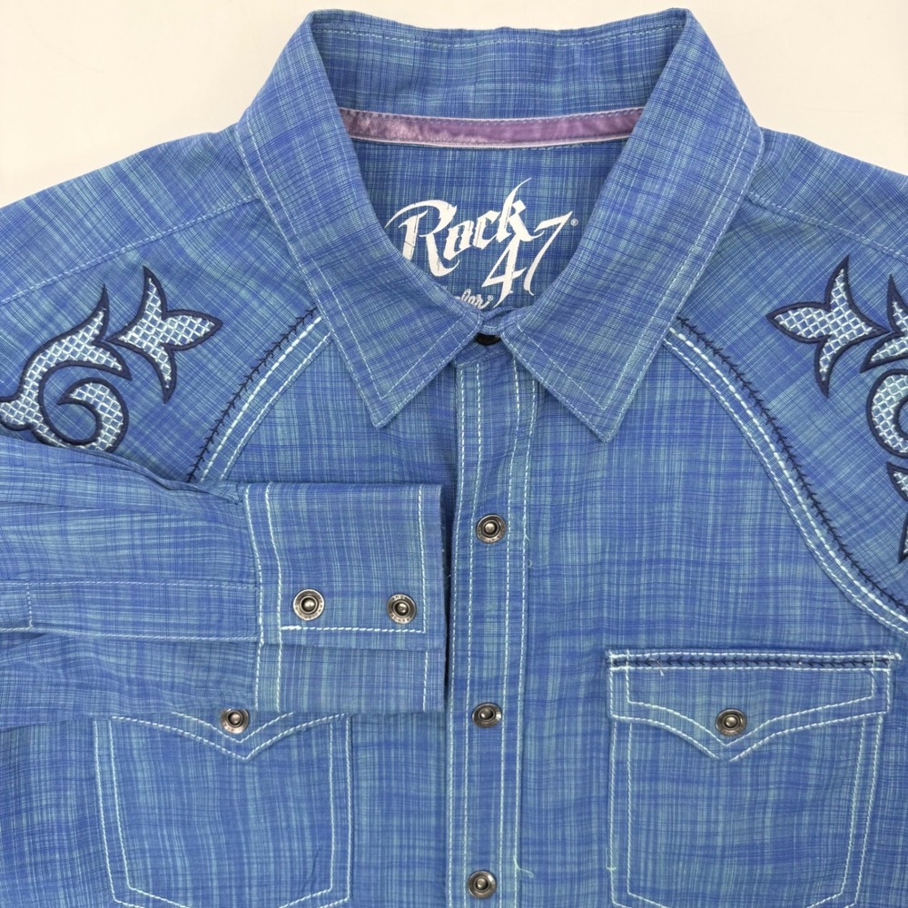 Wrangler Rock 47 Shirt Mens M Blue MRC306M Western Embroidered Snap Front Slub